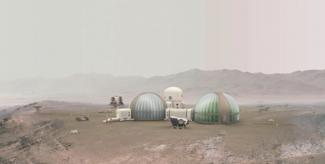 Picture2 -A rendering of a house beside a greenhouse on Mars. (Courtesy of NASA)