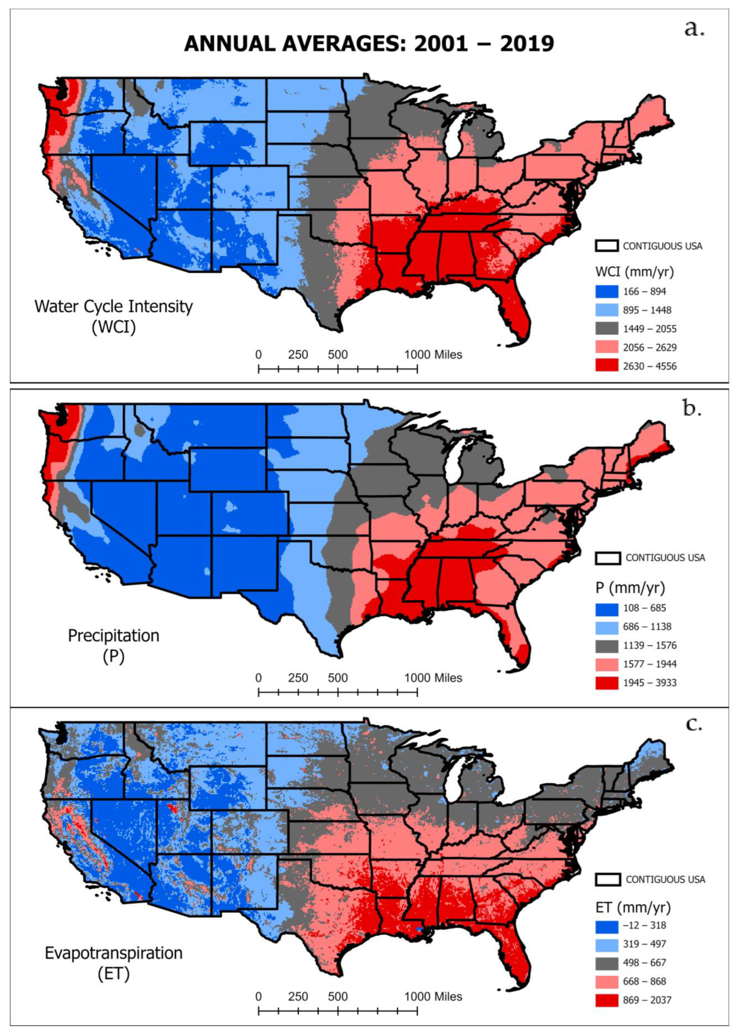 Average annual (a) water cycle intensity, (b) precipitation, and (c) evapotranspiration from 2001 to 2019