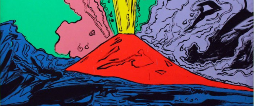 Vesuvius from the series of 18 paintings (oil on canvas) by Andy Warhol (1985). This painting shows Mt Vesuvius (in red) and Mount Somma (in blue).